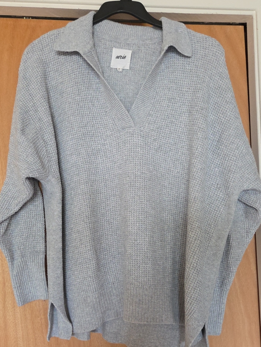 Aerie Light Gray Collared Waffle V-Neck Women's Sweater